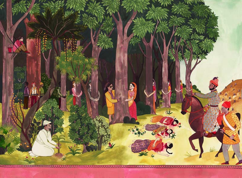 Artwork of Amrita Devi saving trees by Cari Vander Yacht.