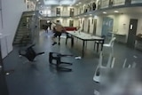 A still from video footage showing teen offenders clashing with guards inside Barwon Prison.