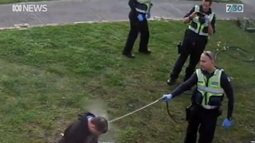 A 2017 video showing a number of Victoria Police officers dragging a disability pensioner into his front yard, where he is pinned to the ground and repeatedly beaten across the lower legs.