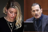 Composite image shows woman looking at ground on left and man in courtroom on right.