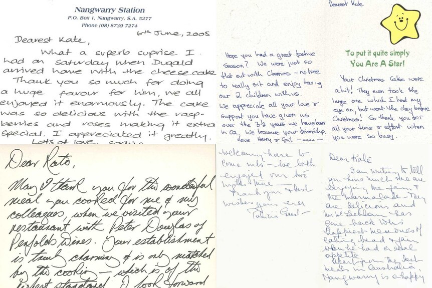 Four white cards addressed to Kate contain lovely messages about how much they loved her cooking.