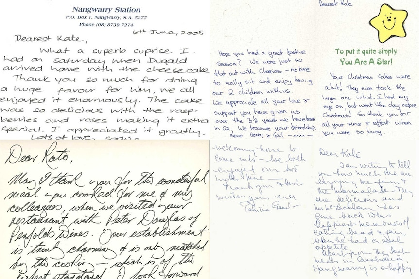 Four white cards addressed to Kate contain lovely messages about how much they loved her cooking.