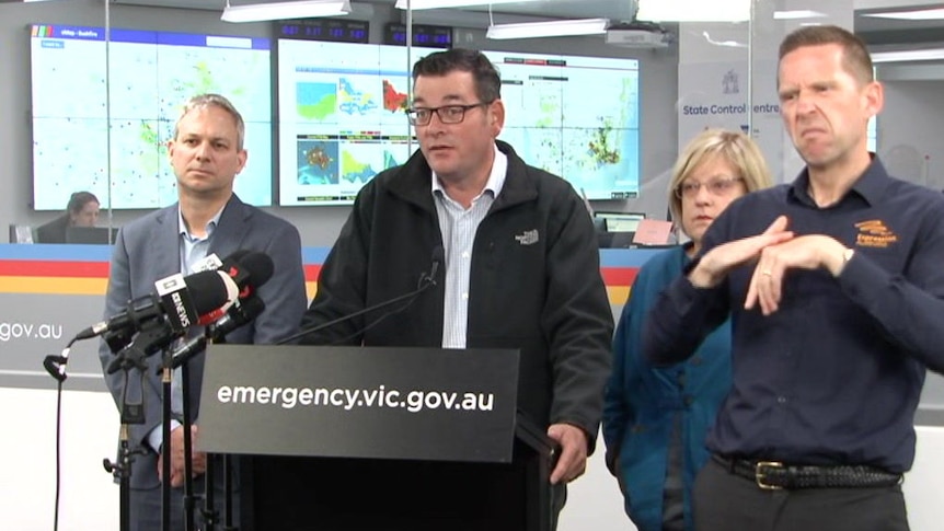 Premier Daniel Andrews addressing a press conference at the Victorian Emergency control centre.