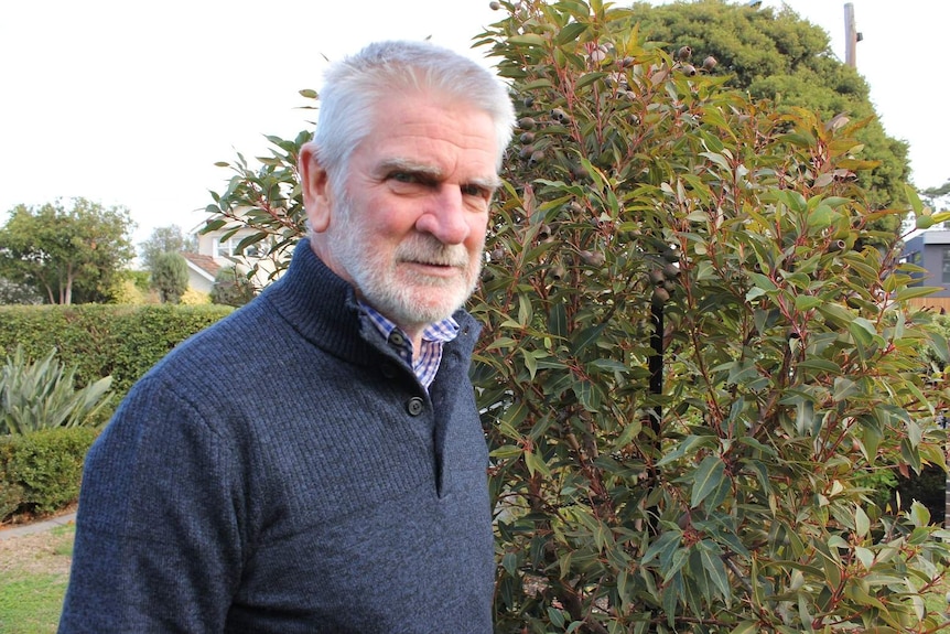An older, grey-haired and bearded man in a blue jumper stands in front of a tree.