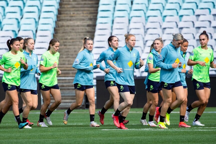 A group of Matildas players training in Sydney ahead of their 2021 friendly against Brazil.