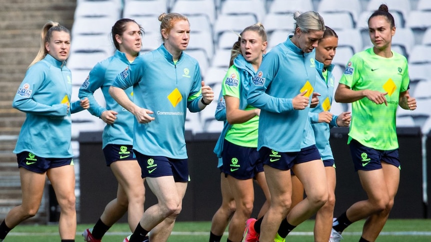 A group of Matildas players training in Sydney ahead of their 2021 friendly against Brazil.