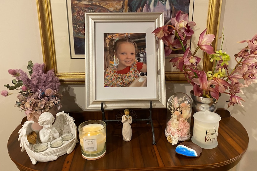 A photo of a young girl with pigtails, framed sits on a table.