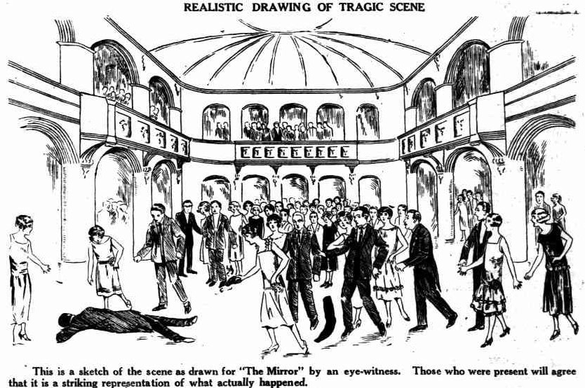 A drawing of the shooting, published in The Mirror a few days after the shooting.