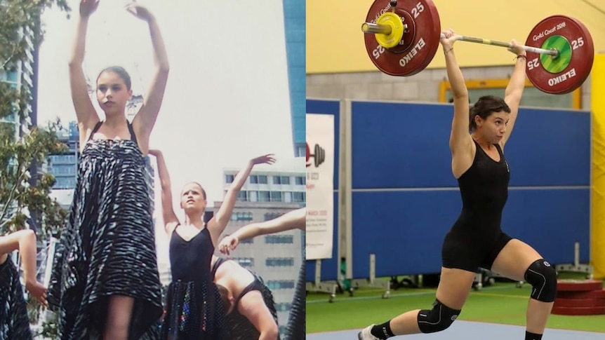 Composite image with an elegant teenage ballerina at left and a woman weightlifter on the right.