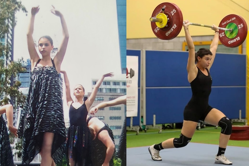 Brisbane Broncos women's assistant strength coach Tandia Wood as a ballerina and a weightlifter.