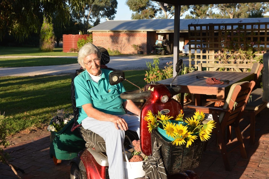 Elderley woman, Vida Maney on a buggy in Mundulla