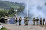 Russian troops secure the bridge on the Enguri river on the border