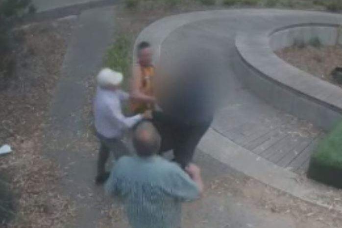 A still from CCTV footage shows bystanders rushing to help the father and son.