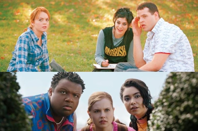 A composite of the original cast of meangirls Cady, Janice and Ian and the remake 
