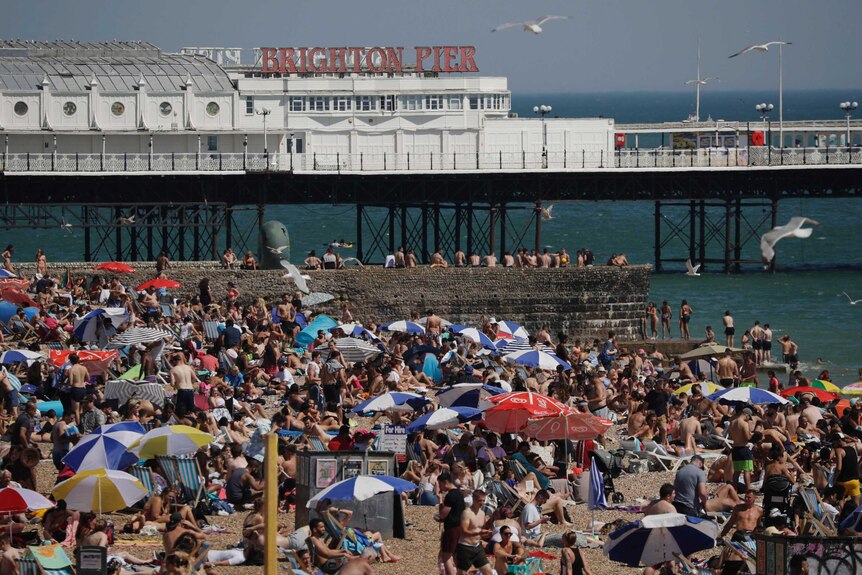 Large numbers of people relax on the beach in Brighton, England.