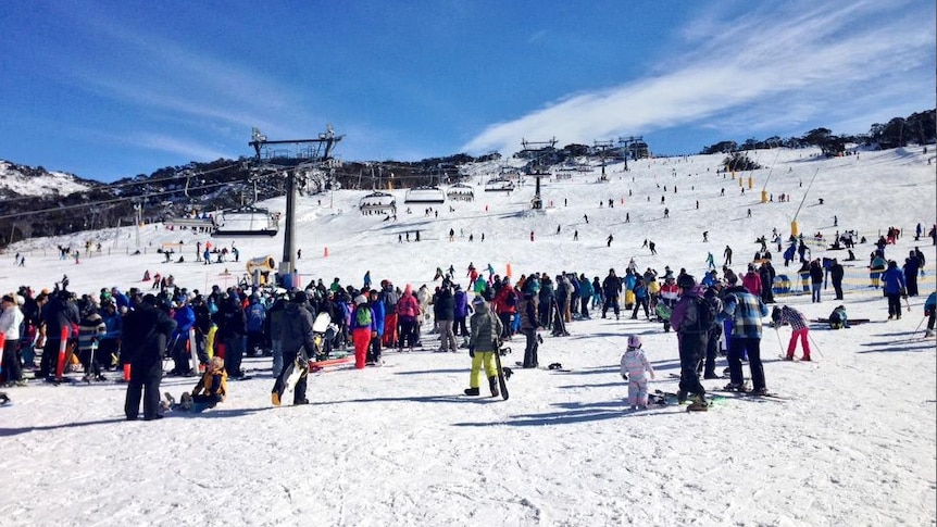 A crowd of skiiers on a snowfield.