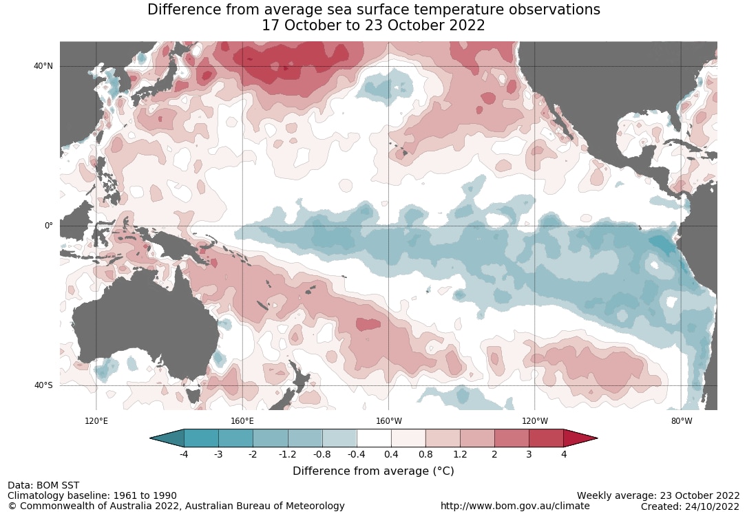 A map showing above-avergae temperatures in the western and southern Pacific Ocean.