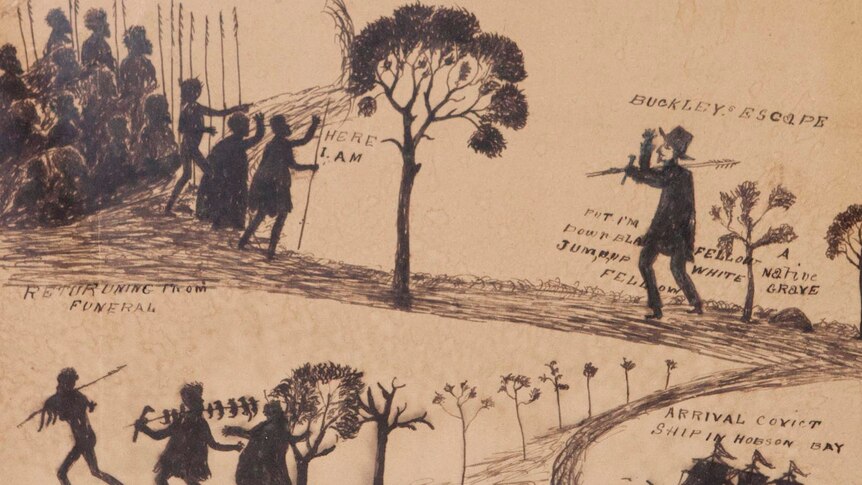 Buckley’s Escape, drawn by the Aboriginal artist Tommy McRae (c.1835 – 1901), one of two 19th Century Aboriginal drawings depicting convict William Buckley's escape from European colonial life to live with Aboriginal people,  - acquired by the National Museum of Australia and unveiled on April 23, 2012.