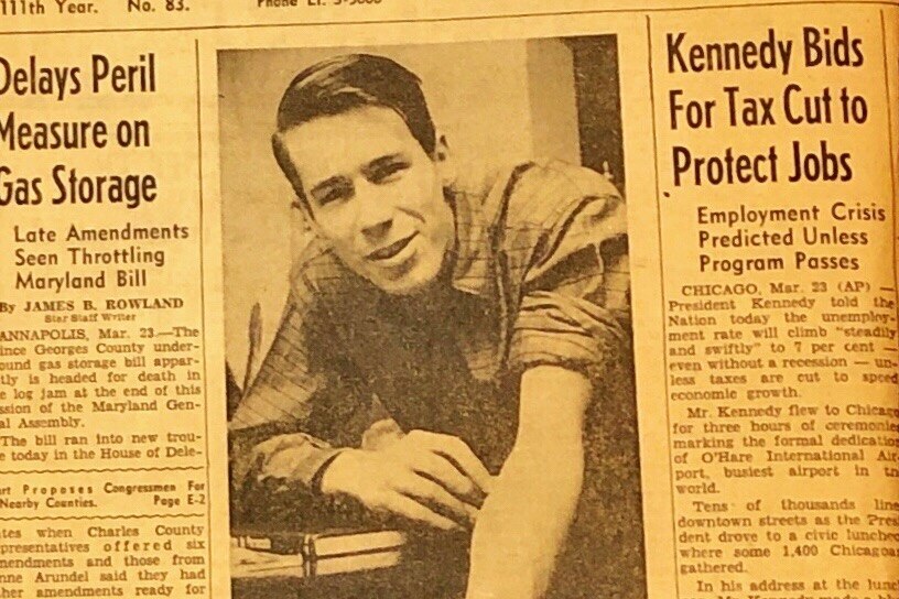 A newspaper clipping from 1963 showing David Edmonston on the front page of his local paper