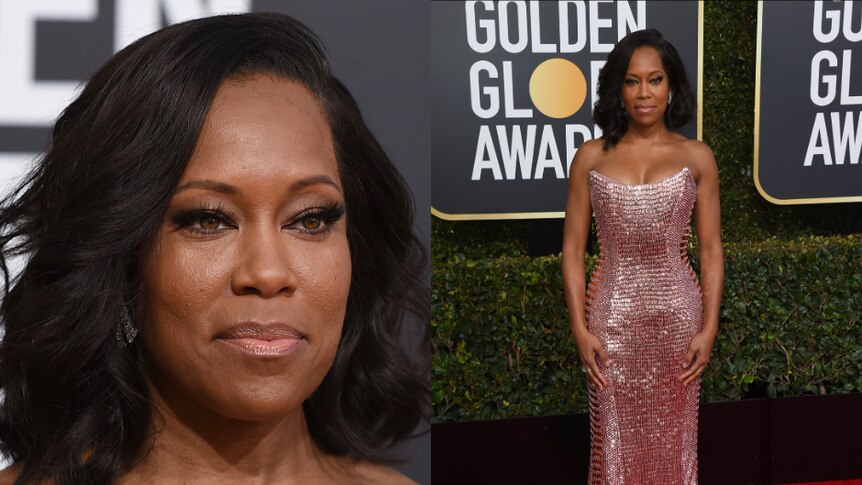 Regina King wears pink chain mail on the red carpet.