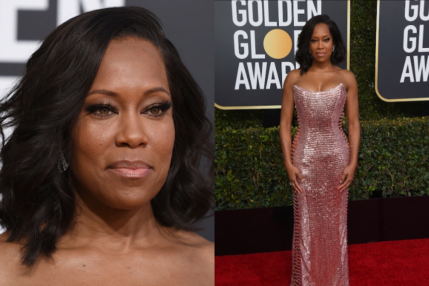 Regina King wears pink chain mail on the red carpet.