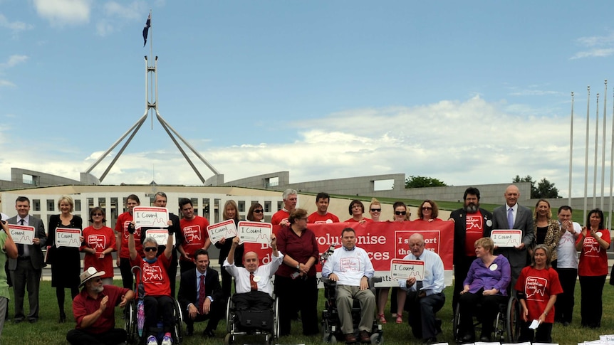 NDIS supporters rally outside Federal Parliament.