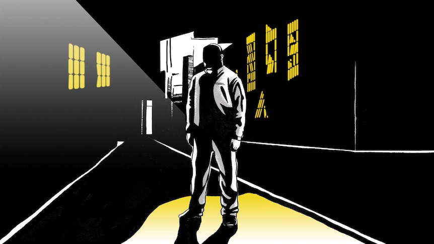 Film noir style illustration of man on street with buildings on either side.