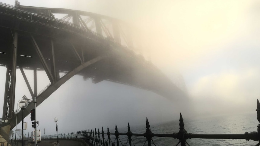A view of the Sydney Harbour Bridge from below, shrouded in thick fog.
