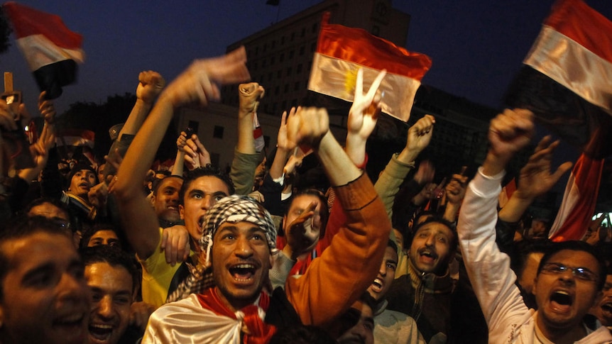 Protesters celebrate Egyptian president Hosni Mubarak's resignation