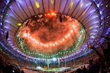 Fireworks erupt during the Olympics closing ceremony in the Maracana stadium.