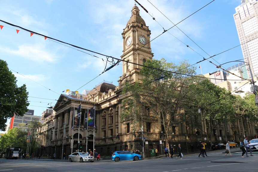 Melbourne Town Hall on Collins St and Swanston St.
