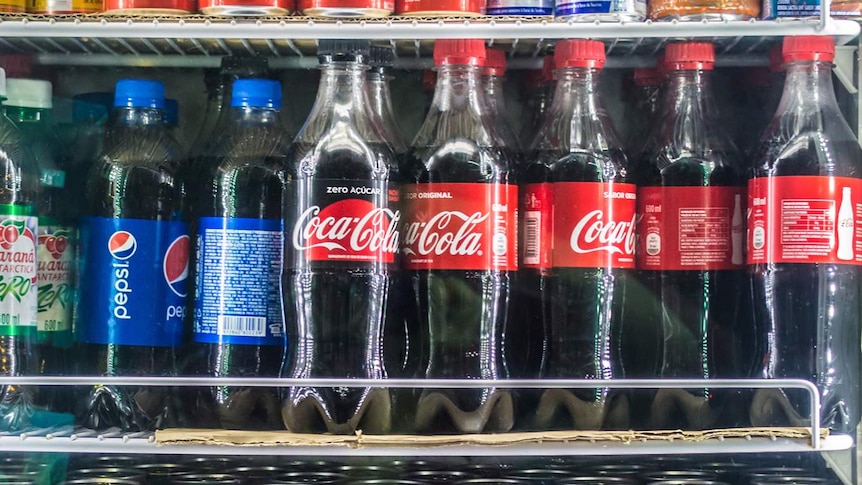 A commercial fridge filled with Coca Cola and other soft drinks.