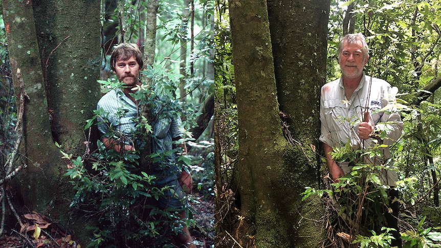 A side-by-side shot of the same man standing next to the same tree, but on the right the man is 25 years older.