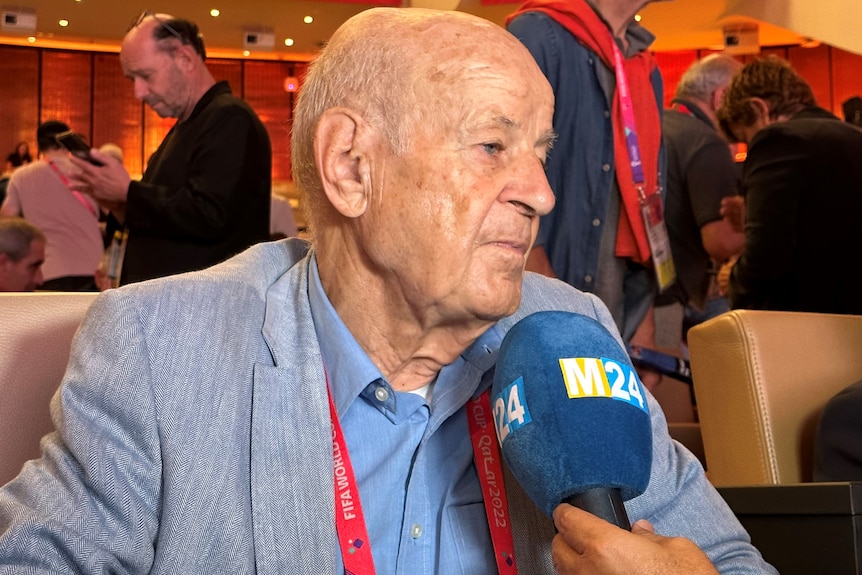 Hartmut Scherster being interviewed at the FIFA World Cup in Qatar, 2022.