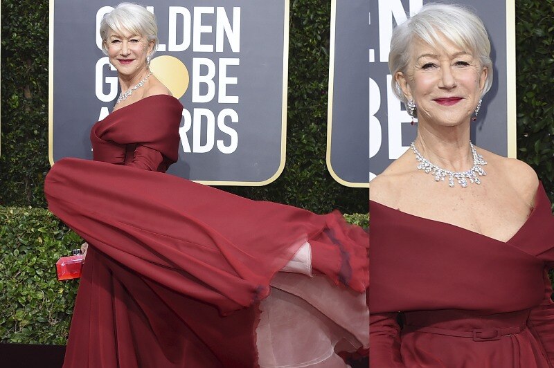 a composite image of Helen Mirren in an off-the-shoulder red gown, twirling for the camera.
