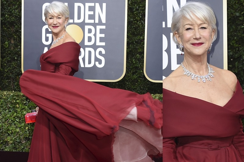 a composite image of Helen Mirren in an off-the-shoulder red gown, twirling for the camera.