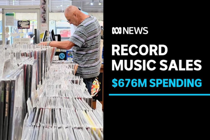 Record Music Sales, $676m Spending: Man flicks through tows of vinyl records at a music store.