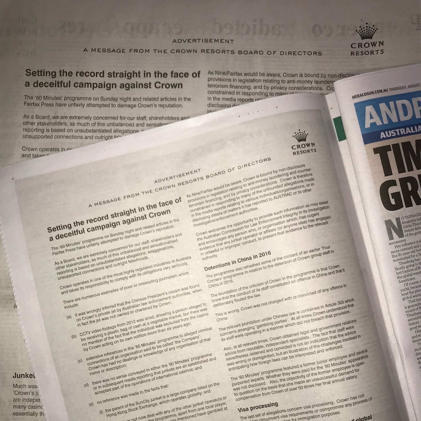 Full-page newspaper advertisements headed "Setting the record straight in the face of a deceitful campaign against Crown".