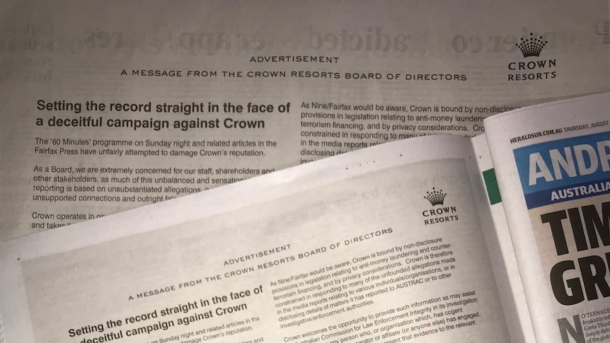 Full-page newspaper advertisements headed "Setting the record straight in the face of a deceitful campaign against Crown".