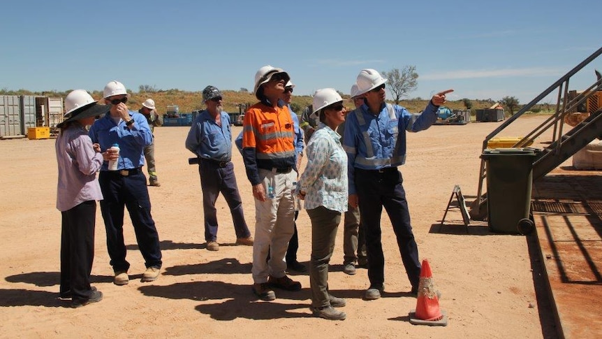 several members of the NT fracking inquiry panel and inquiry chair Justice Rachel Pepper tour the Santos Moomba gas field