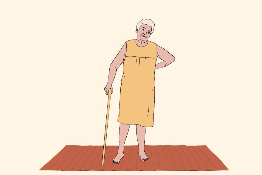 Illustration of 75 year old woman with walking stick standing up on rug in warm yellow and peach colour tones.