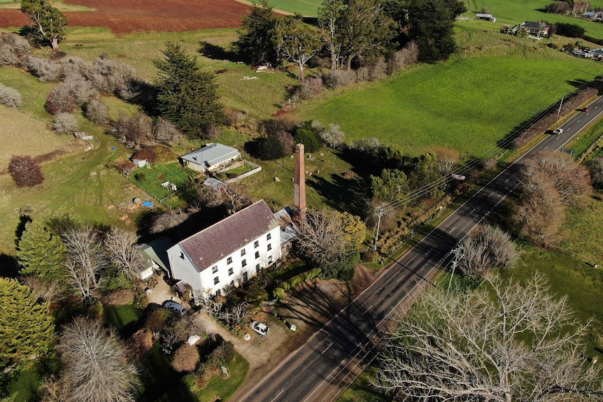 Aerial view of Bowerbank Mill in Deloraine.