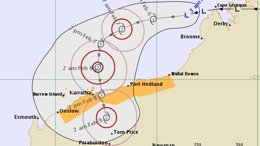 A map showing the path of a cyclone across northern WA.