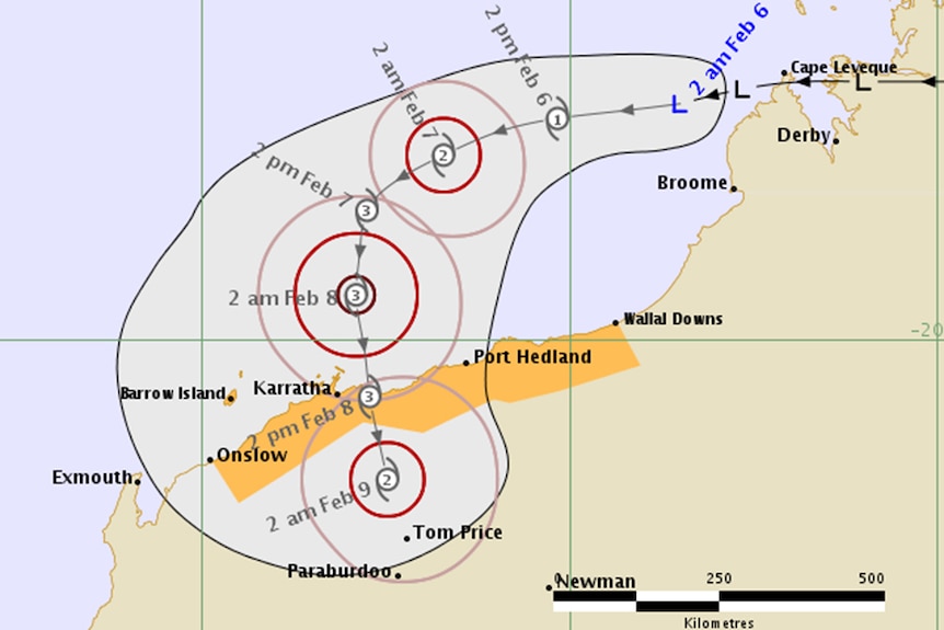 A map showing the path of a cyclone across northern WA.