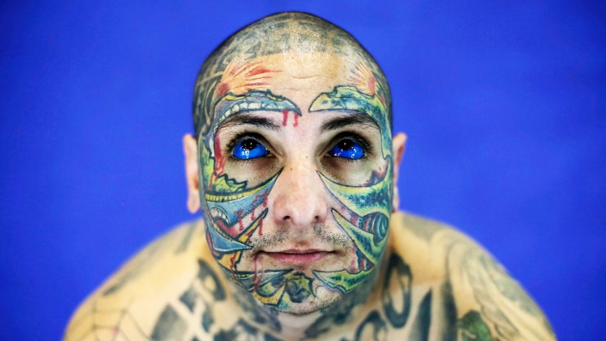 Man with tattoos on his eyes at the International Tattoo Festival in Sao Paulo 2013