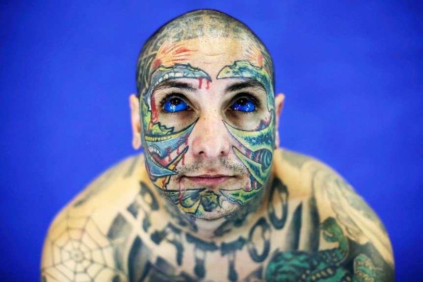 Man with tattoos on his eyes at the International Tattoo Festival in Sao Paulo 2013