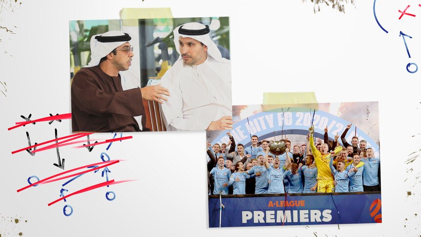 Photos of Sheikh Mansour, Khaldoon al Mubarak, and Melbourne City team celebrating, stuck to a whiteboard with pen marks on it.