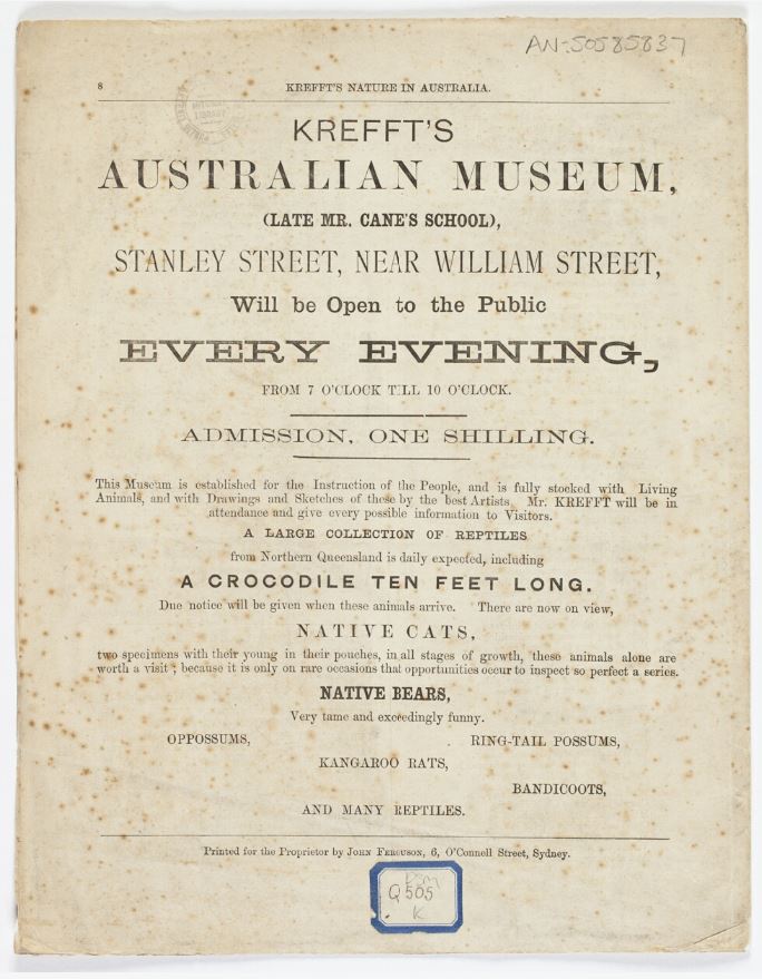 An old advertisement for Krefft's Australian Museum, Stanley Street near William Street, open to the public every evening