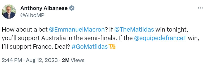 If the Matildas  win tonight, you'll support Australia in the semi-finals. If France win, I'll support France. Deal?