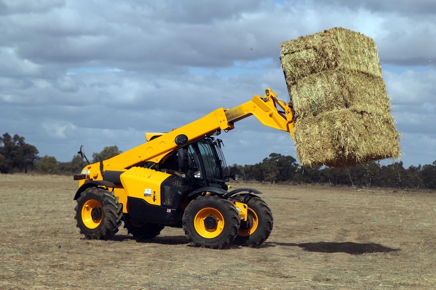 A yellow forklift holding up a bale of hay.